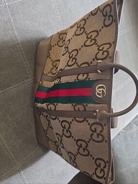 Gucci Brown GG Canvas Tote with Green and Red Web Stripe
